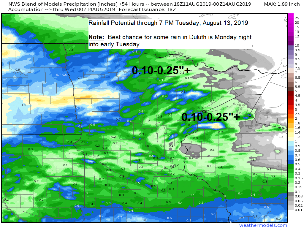 Little cooler through midweek with some showers possible Mon-Tue; gusty east wind Tue