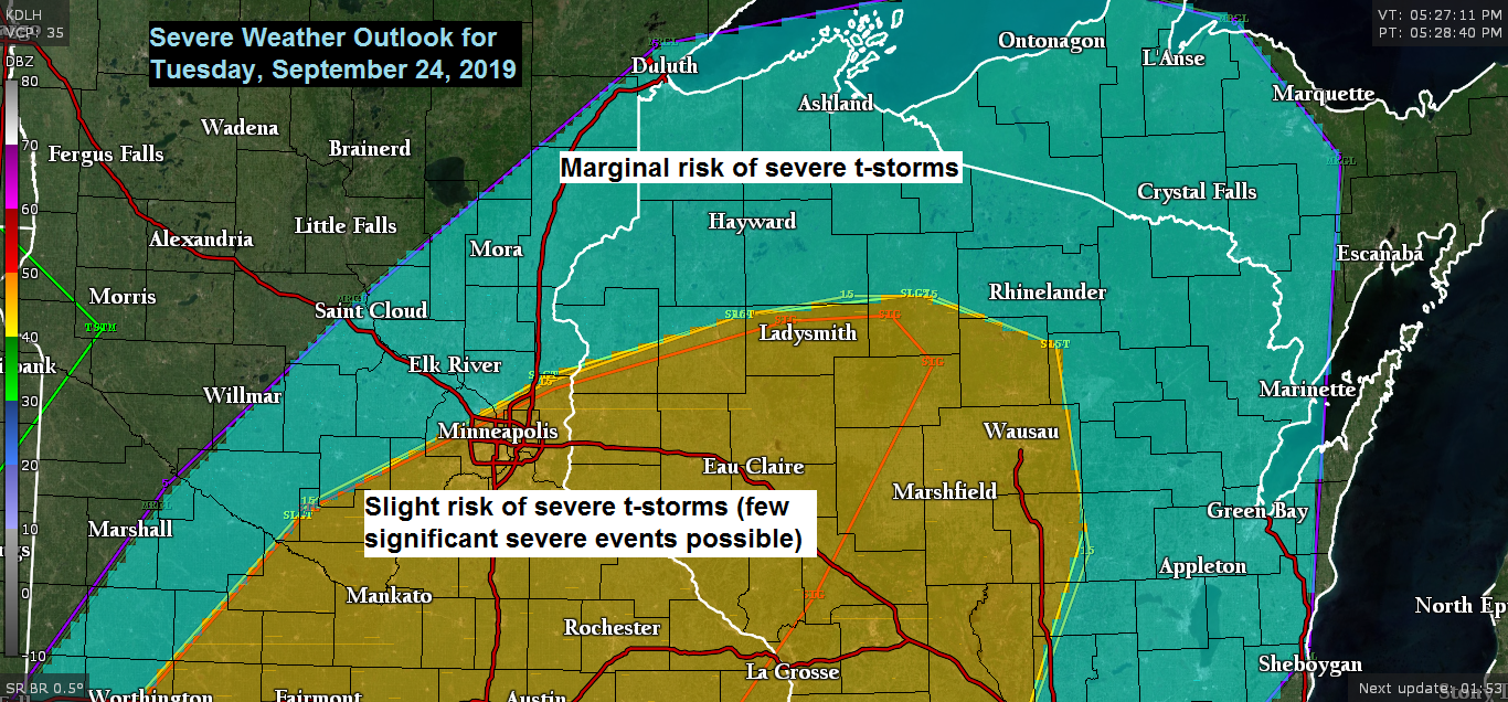 Mild temps continue Tuesday with scattered showers/t-storms (few strong-severe storms possible in northwest Wisconsin) Late week rain and frost chances