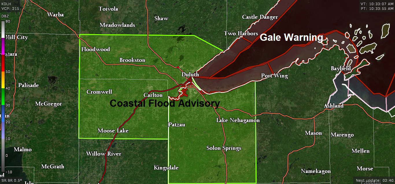 Coastal Flood Advisory in effect until 10 PM this evening for the Twin Ports. Rain, heavy at times through this evening with ENE winds gusting 30-60 mph near Lake Superior
