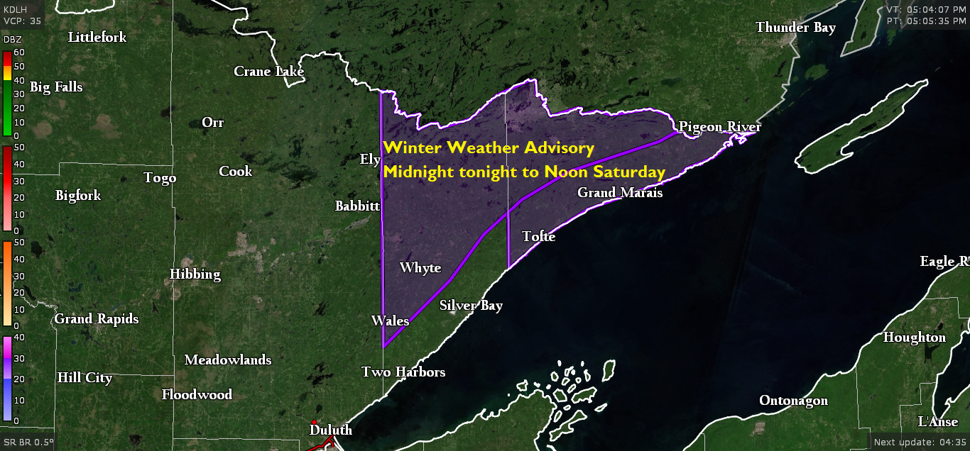 Winter Weather Advisory issued for far northeast Minnesota. Blustery and chilly weekend ahead with some snow and rain
