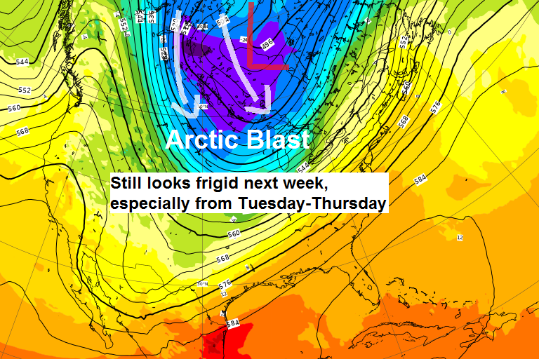 Mild temps this weekend with a little snow or mixed precip possible at times; Snow event early next week followed by an arctic blast