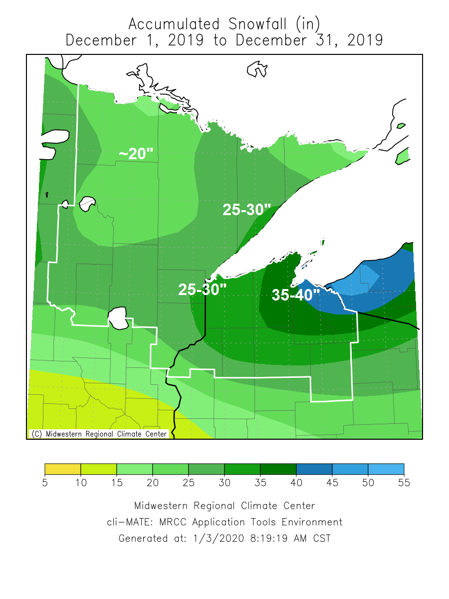December 2019 Climate Summaries for the Northland; warmer than normal with above normal snowfall and precipitation