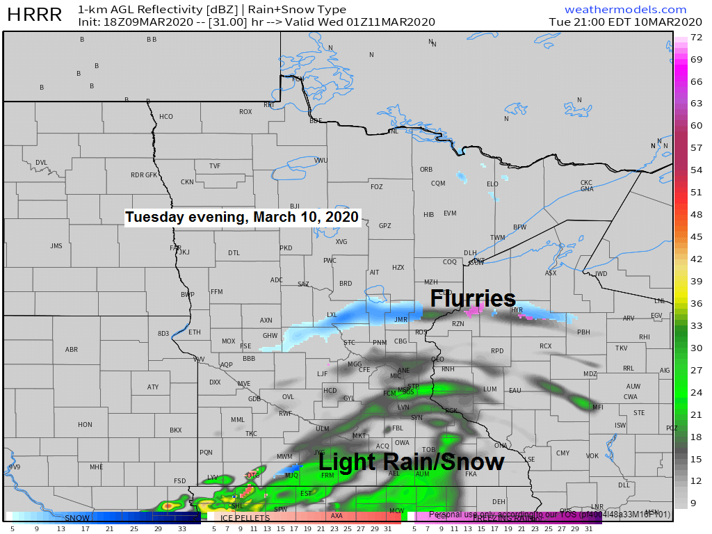 Dry tonight and Tuesday; few flakes possible Tuesday night