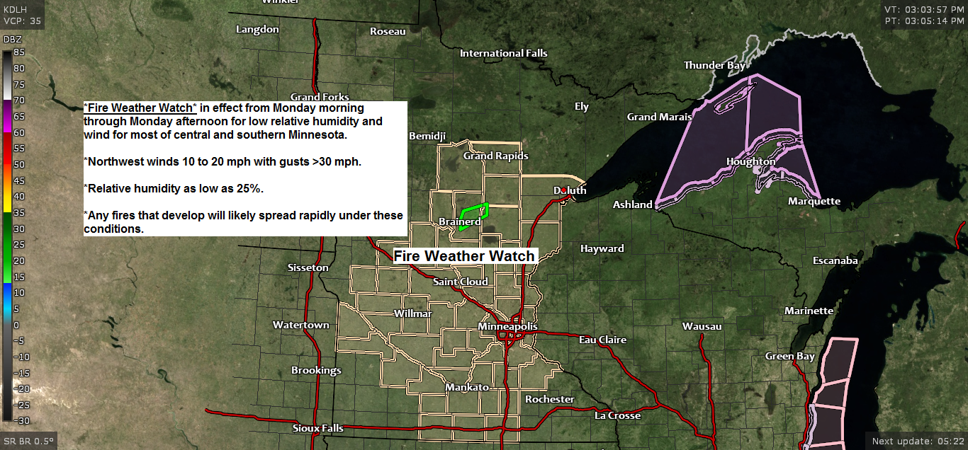Fire Weather Watch in effect for parts of the Northland on Monday. Breezy with scattered rain/snow showers Monday; watching snow/rain chances late Tuesday-early Wednesday
