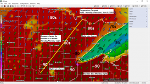Areas of fog along with a cool breeze near Lake Superior; very warm and muggy inland (near record warmth Monday?) risk for showers/t-storms mainly over northern Minnesota through Monday night