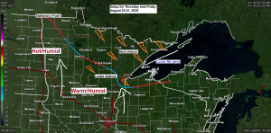 Humid with chances for a few showers/t-storms; a cooler lake breeze develops Thursday PM, lingers into Friday
