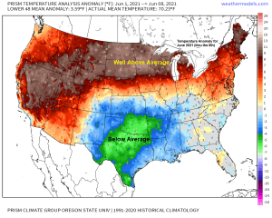 Warm temperatures continue through next week; A few showers/t-storms tonight through Friday