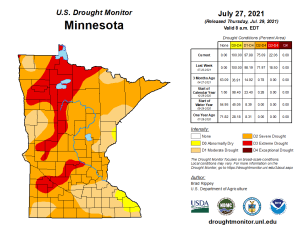 ~75% of Minnesota in Severe Drought; Wildfire smoke lingers through Saturday (air quality alert in effect) A few showers/t-storms possible late Friday night-Saturday, otherwise mainly dry into early next week