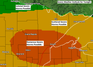 Strong to Severe Thunderstorms possible tonight (highest chances across southern portions of the Northland)