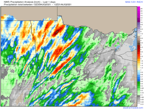 1″+ rain totals reported over western portions of the Northland Friday evening-early Saturday morning; Very little rain over the Greenwood fire