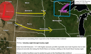 A little snow possible late tonight into Friday; More snow possible Saturday night into Sunday followed by a brief shot of arctic air for early next week