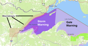 Turning Windy tonight, wind advisory in effect for the North Shore (Storm and Gale Warnings in effect for Lake Superior)