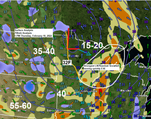 Snow and patchy freezing drizzle this evening with rising temperatures; Arctic air arrives Friday with gusty winds and lingering flurries/snow showers