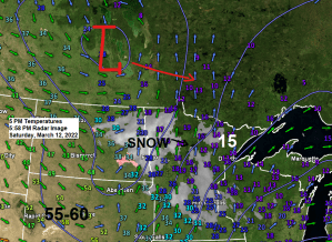 A clipper brings some snow to the Northland tonight; Highs near or a few degrees above freezing but blustery on Sunday