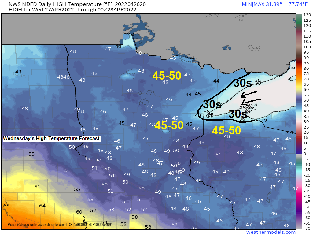 Some rain or a wintry mix Thursday afternoon/evening; More rain chances this weekend; A cool NE wind returns near Lake Superior Wednesday and continues through this weekend; Rain/Snow chances middle of next week