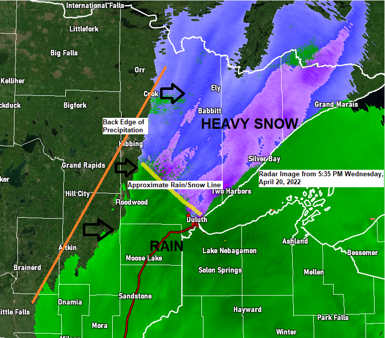 Rain and Snow ends this evening; Gusty winds and partial sun for Thursday; Rain returns at times Friday PM-Sunday; Highs near 70 possible south of Duluth Saturday