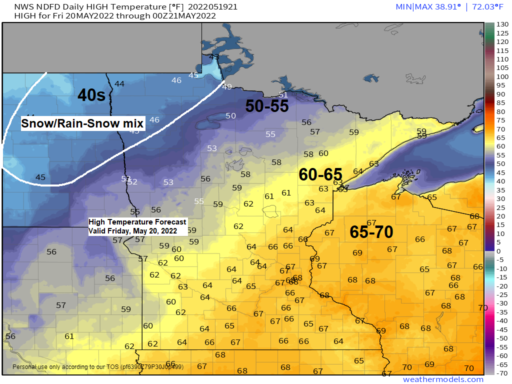 Showers, isolated t-storms tonight; Mild and breezy Friday followed by cooler temperatures this weekend with chances for scattered frost; Snow flurries possible up north Saturday morning! Additional storm reports from 5/18/2022 – Widespread wind damage reports in the Northland