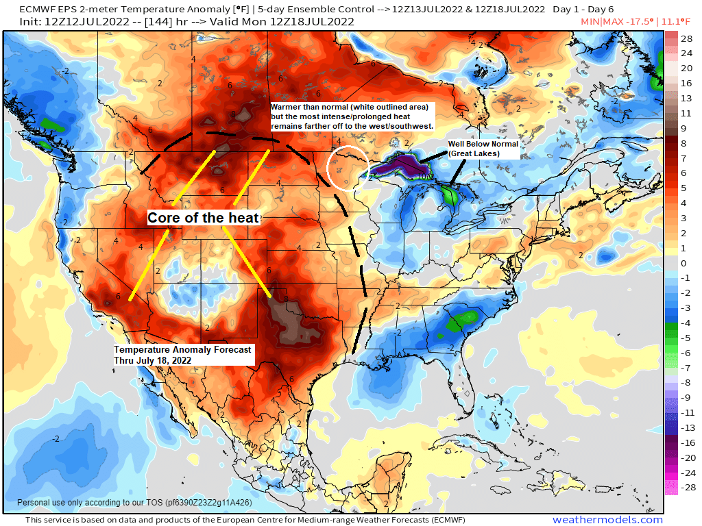 Cooler temperatures near Lake Superior through Thursday, milder inland; Showers/t-storms diminish this evening; Areas of fog tonight-Wednesday AM.  Low temps in the 30s and 40s Thursday AM; Muggier weather this weekend 60+ dews