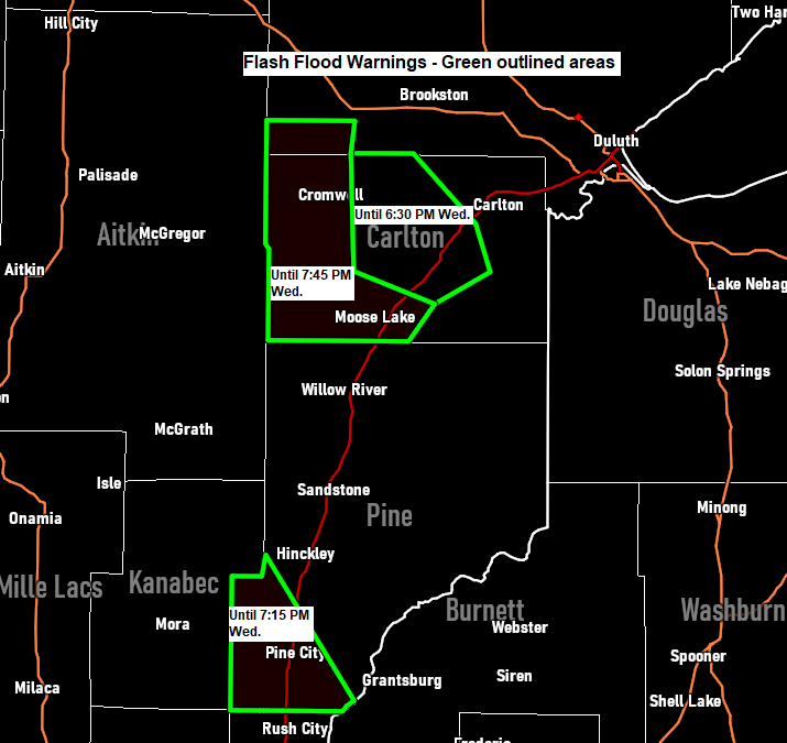 More scattered showers and t-storms with torrential downpours through Friday; Flash Flood Warnings in effect for parts of eastern MN into early this evening