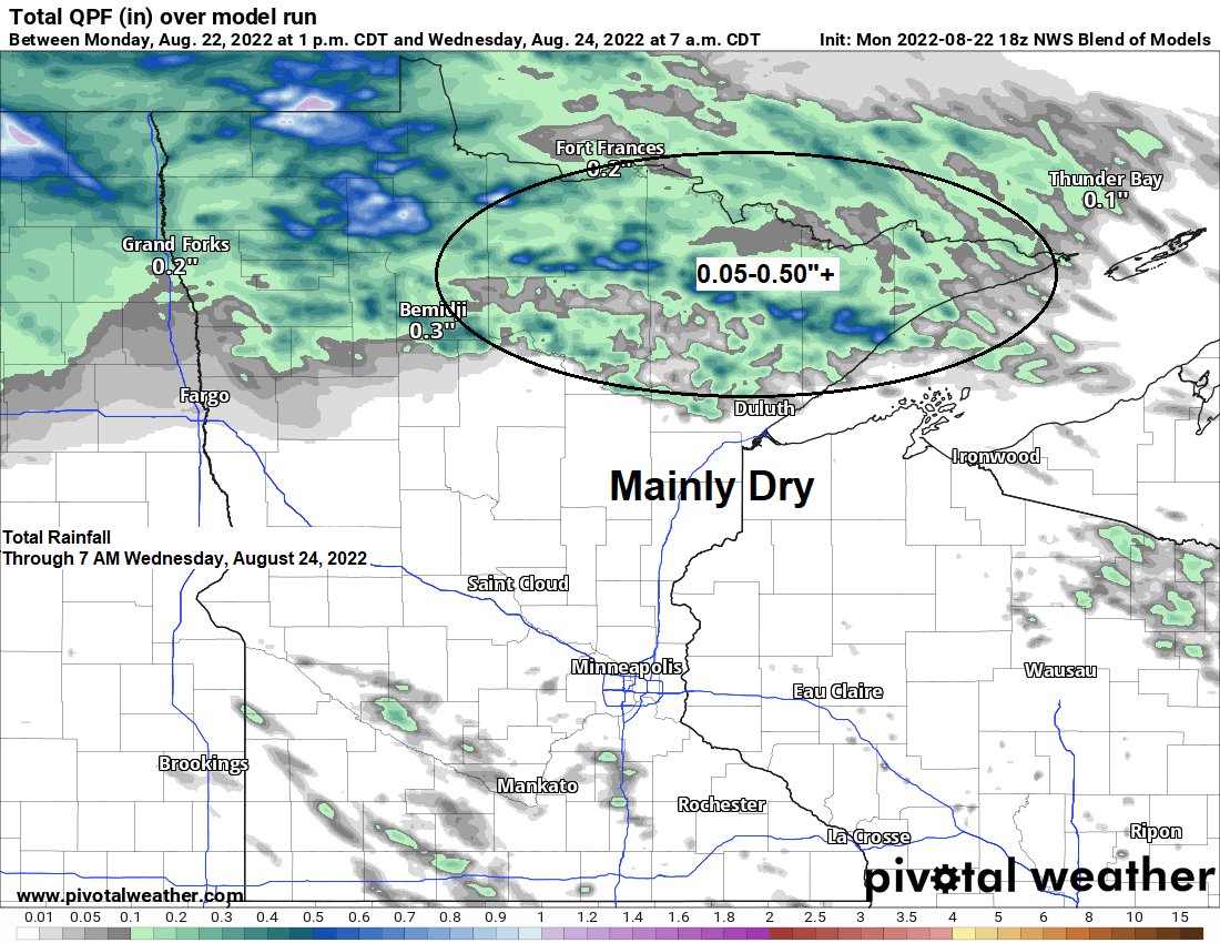 Warm temperatures continue Tuesday followed by cooler temperatures mid to late week; Showers and a few t-storms possible across northern MN through early Wednesday morning