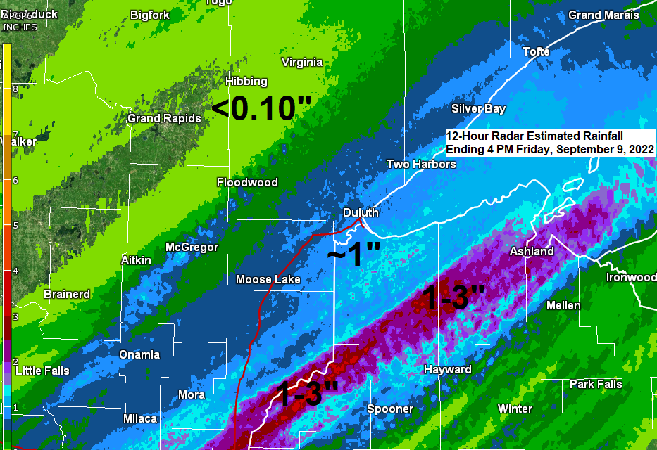 1 to nearly 3 inches of rain reported in parts of the Northland today; A mostly dry weekend ahead with seasonable temperatures; Rain chances return later next week