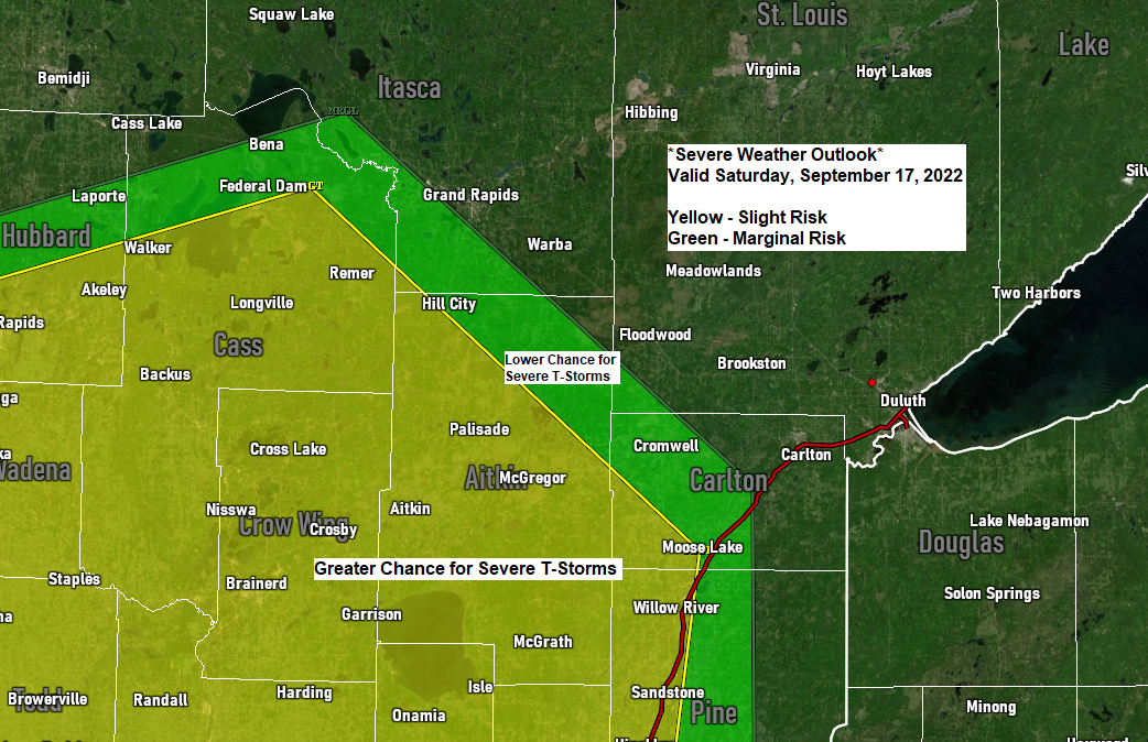 A few strong to severe t-storms possible in parts of the Northland Saturday afternoon/evening; Rain chances continue into early Sunday; Dense fog near Lake Superior tonight; Rainfall reports — 2″+ totals so far in far northern MN; Frost/freeze risks late next week