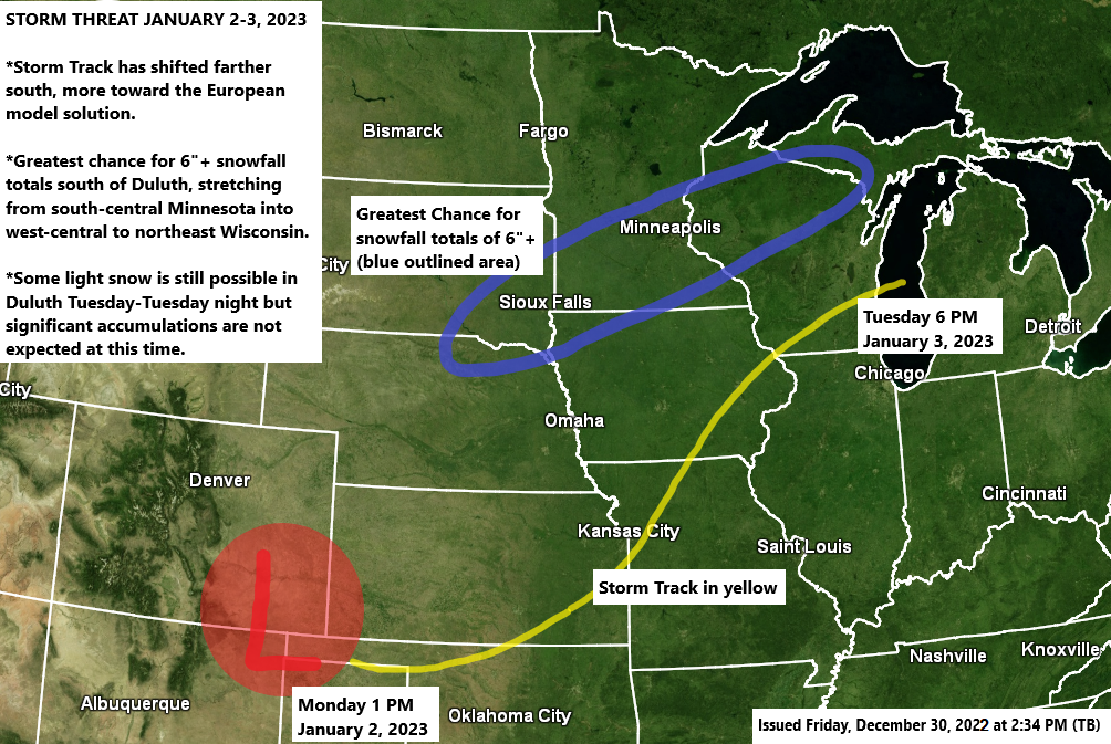 A little light snow, freezing drizzle and patchy fog possible Saturday; Winter Storm Threat early next week (Highest snow totals south of Duluth) Long Range Forecast for January 2023