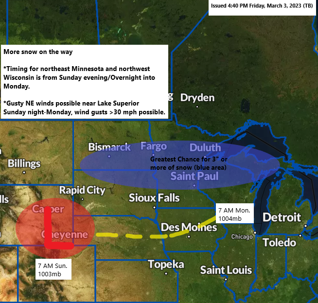 Accumulating Snow possible Sunday evening-Monday; Gusty NE winds near Lake Superior with some blowing snow Sunday night-Monday