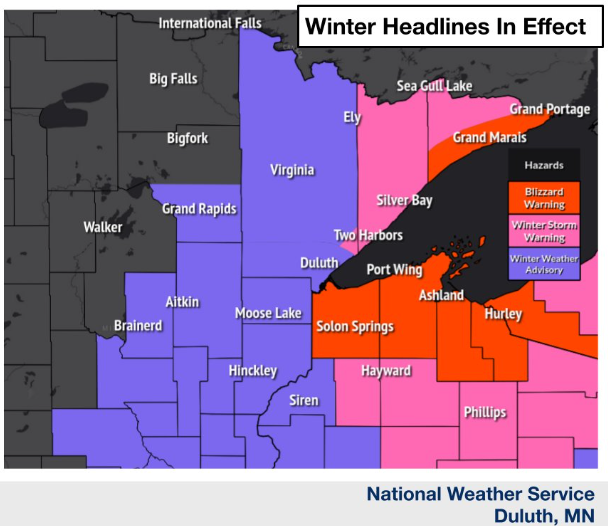 Blizzard Warning issued for the South Shore in northwest Wisconsin and for extreme northeast Minnesota; Flood Warnings continue; Strong winds and cold temperatures tonight and Monday; Snowfall Reports from Sunday