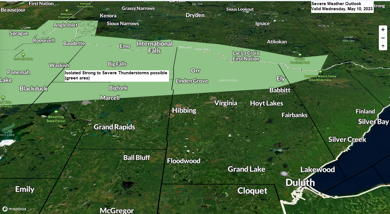 Warming trend continues the next few days with more scattered rain chances; Isolated strong storms possible in far northern Minnesota Wednesday; Stronger/Cooler NE wind Friday-Saturday