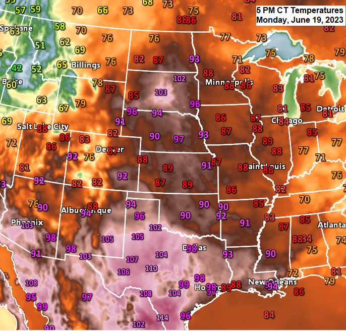 Very warm (cooler near Lake Superior) and continued dry the next few days; Rain chances increase late this week/this weekend; June 2023 thru the 19th ranks as the driest June on record by climate district in Northeast Minnesota