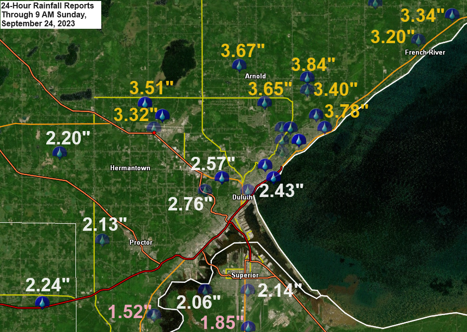 Flood Warning issued for Duluth and North Shore until 7 PM this evening; More rain at times through Monday; Rainfall Reports