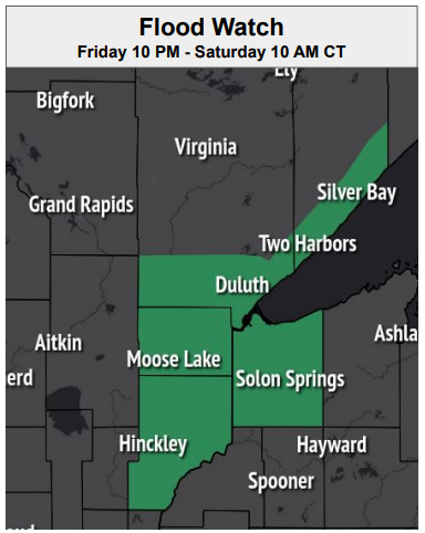 Showers and thunderstorms with heavy rain in parts of east central Minnesota and northwest Wisconsin tonight; Fog/Low Clouds possible near Lake Superior this weekend