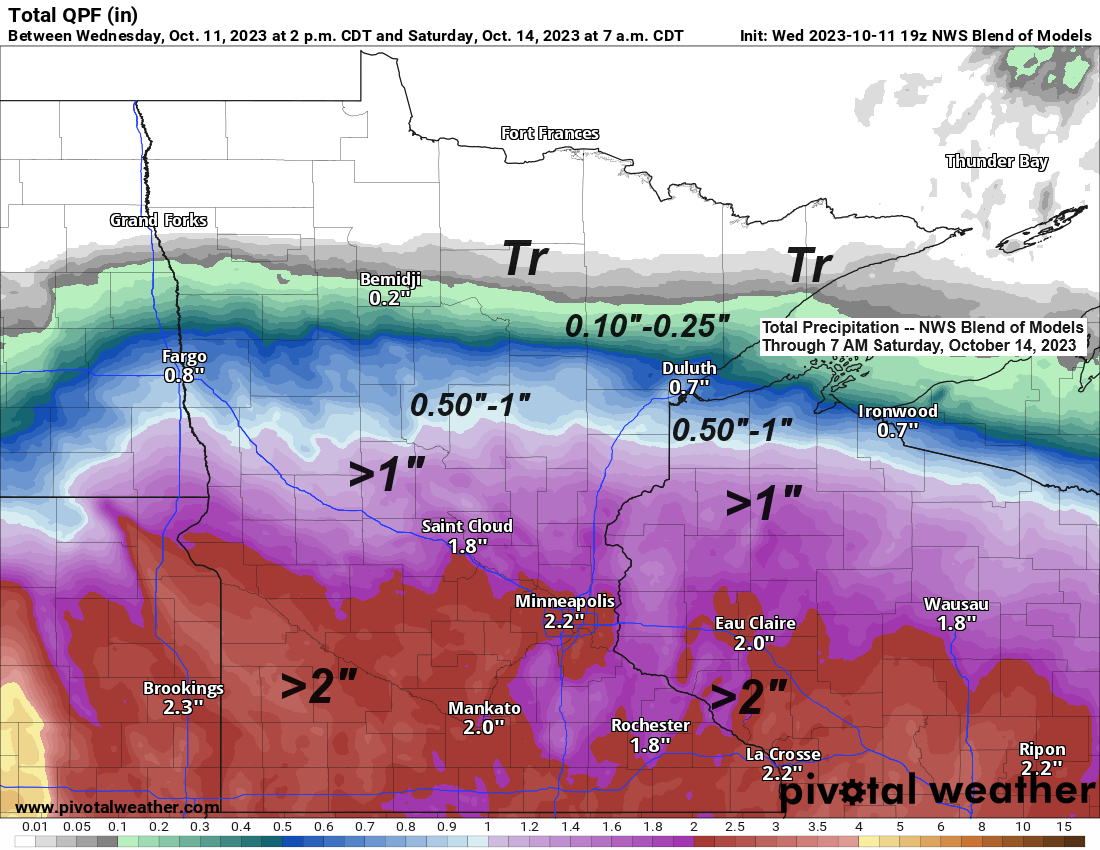 Scattered lake effect rain showers near Lake Superior Thursday; Widespread rain Friday in northwest Wisconsin and east central Minnesota while northern Minnesota stays dry; Gusty NE winds the next few days with gales possible on western Lake Superior