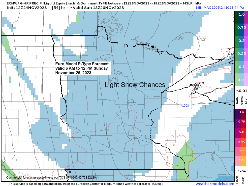 A little snow Saturday night-Sunday; Chilly pattern into early next week; Low temperature reports from Friday morning