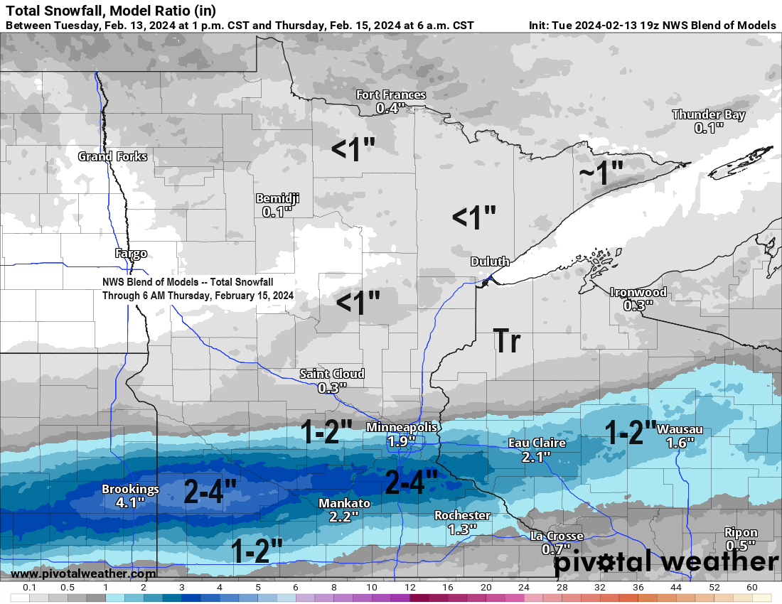 Dusting of snow tonight; A few inches of snow in southern Minnesota Wednesday afternoon/night