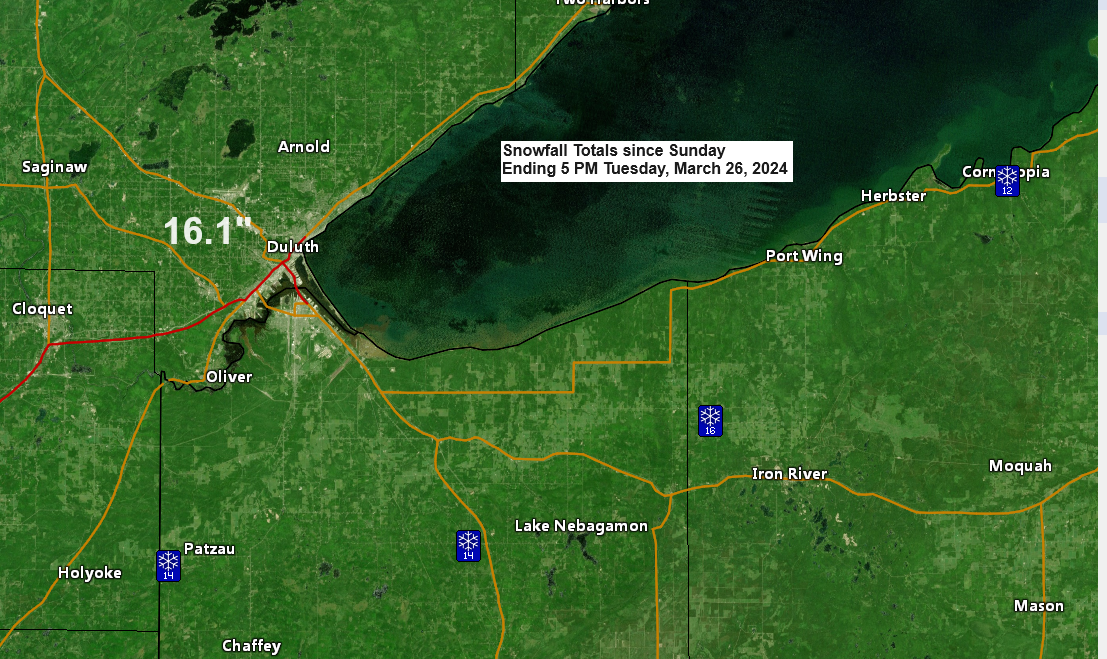 Updated Snowfall Totals for the March 24-26 Winter Storm; Record Snowfall in Duluth on Monday and Tuesday