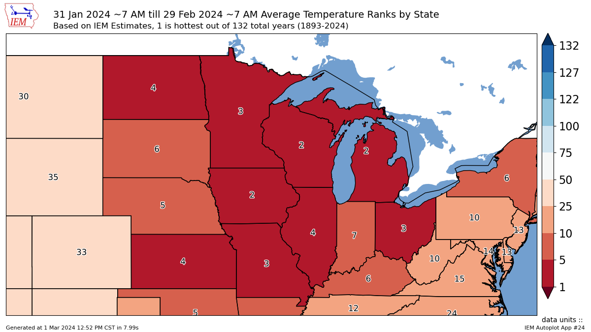 February 2024 ranked as the least snowy February on record at Duluth, and the warmest February on record at Ashland