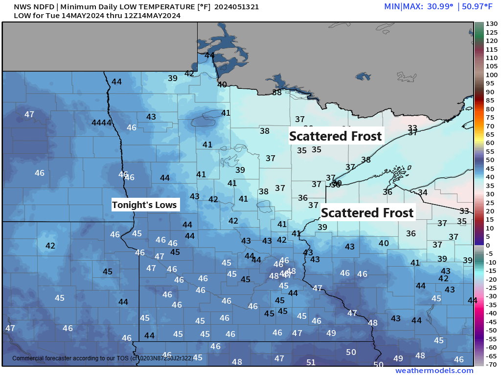 Areas of frost possible tonight and Tuesday night; A few rain chances later this week into this weekend