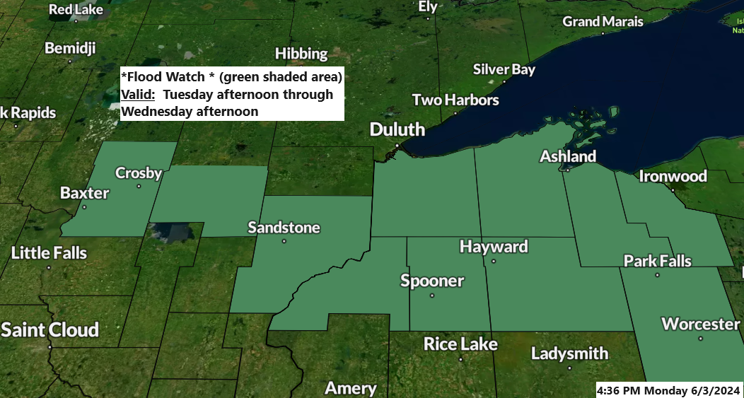 Another round of showers and thunderstorms Tuesday afternoon/night and again Wednesday afternoon; Flood Watch in effect for southern parts of the Northland