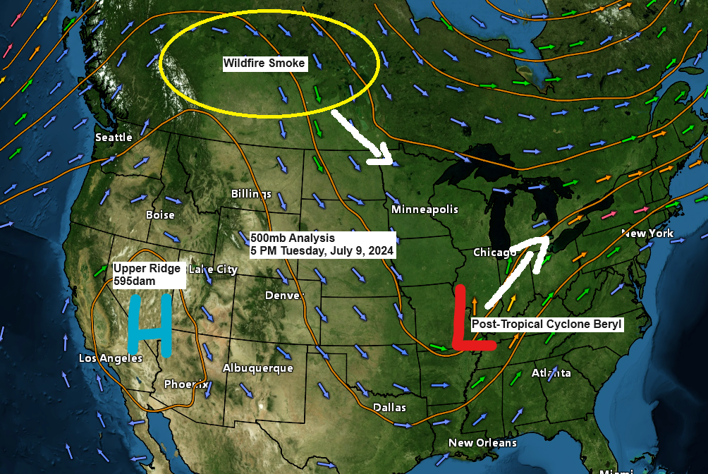 Expect some wildfire smoke over the next few days; isolated downpours are likely on Wednesday afternoon especially near a lake breeze boundary
