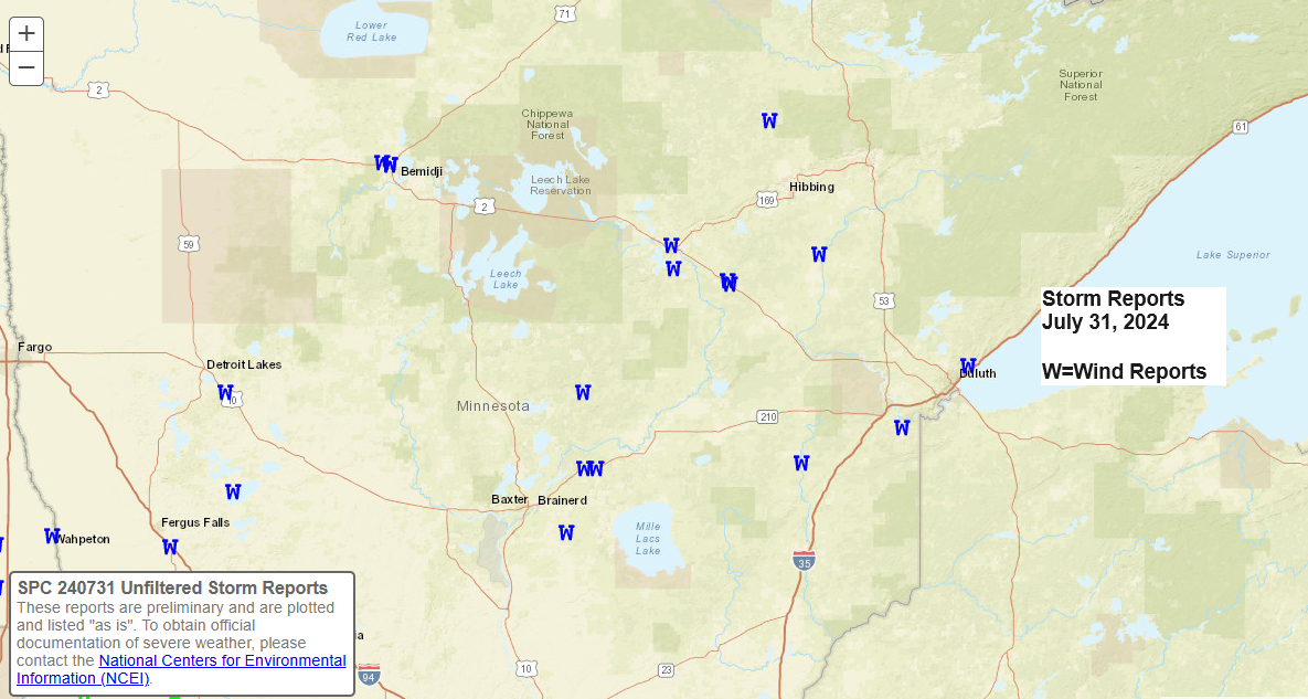 July 31, 2024 Northland Severe Thunderstorms: Wind Damage and Rainfall Reports