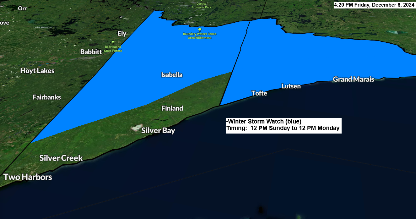 Winter Storm Watch for far Northeast Minnesota Sunday afternoon-Monday afternoon