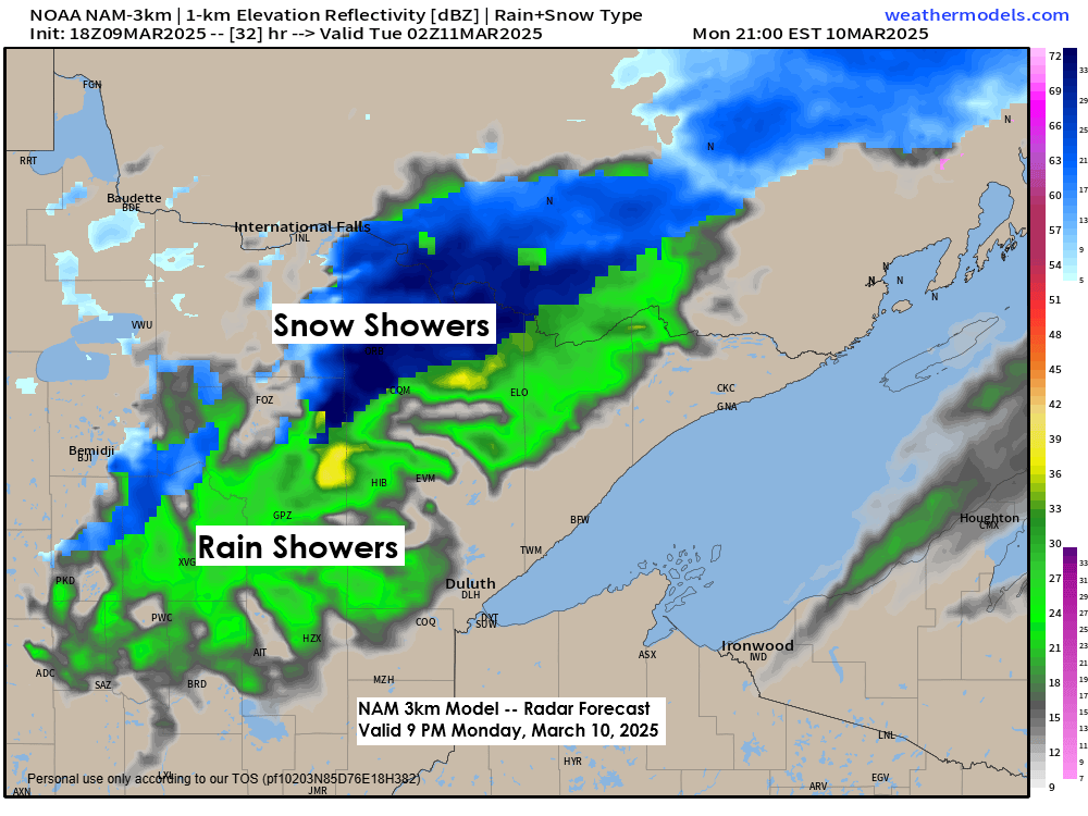 Record Warmth in Duluth today and likely again Monday; Few rain/snow showers Monday night and turning much colder; Strong system with wind, rain, thunderstorms and some snow ~March 14-16