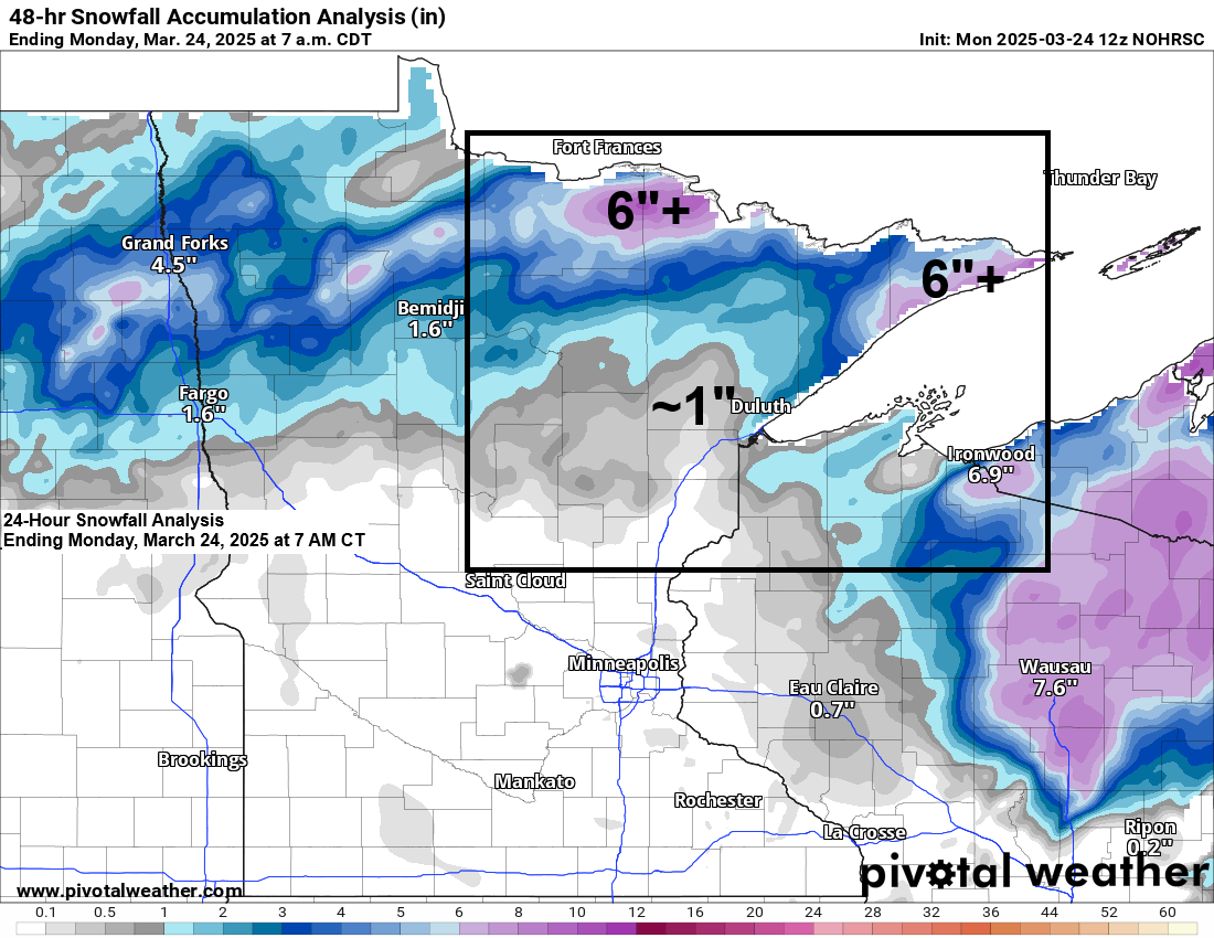 Northland Snowfall Totals for March 23-24, 2025