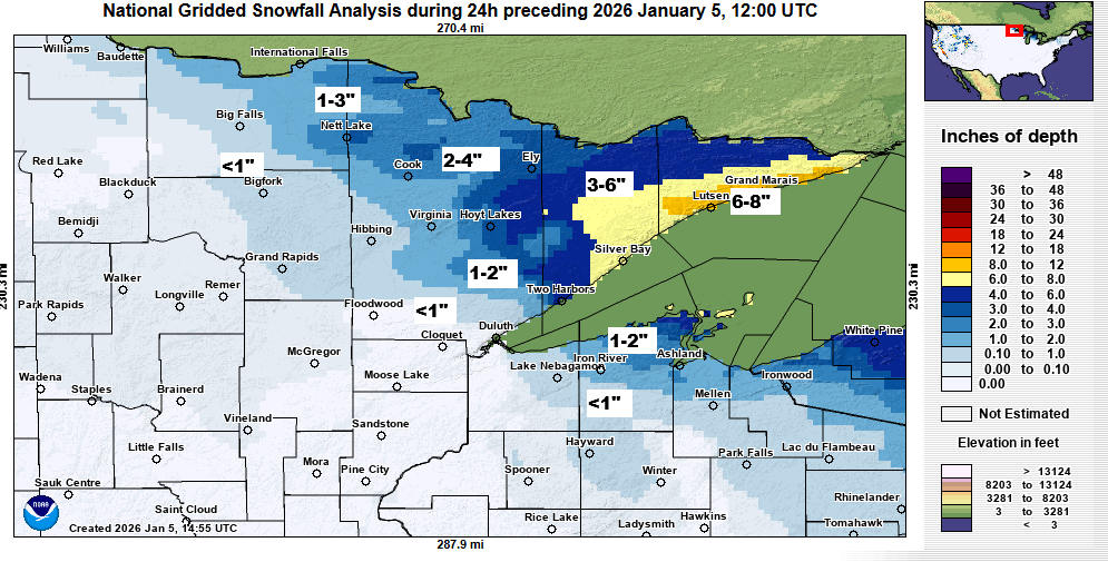 Snowfall totals for January 4, 2026