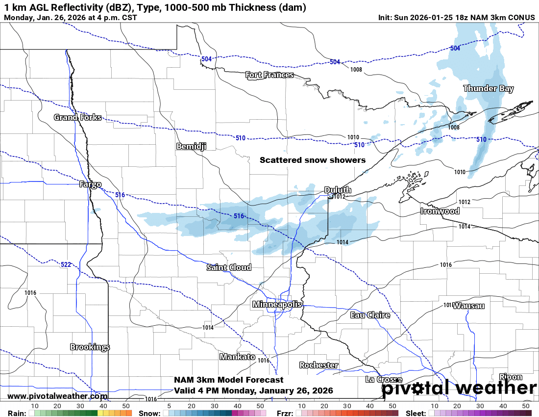 The cold snap continues, with a chance of light snow on Monday.