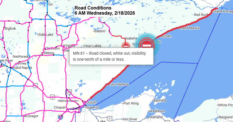 No travel advisory in effect due to whiteout conditions in parts of northeast Minnesota; Winter Storm Update 7 AM Wednesday, 2/18/2026