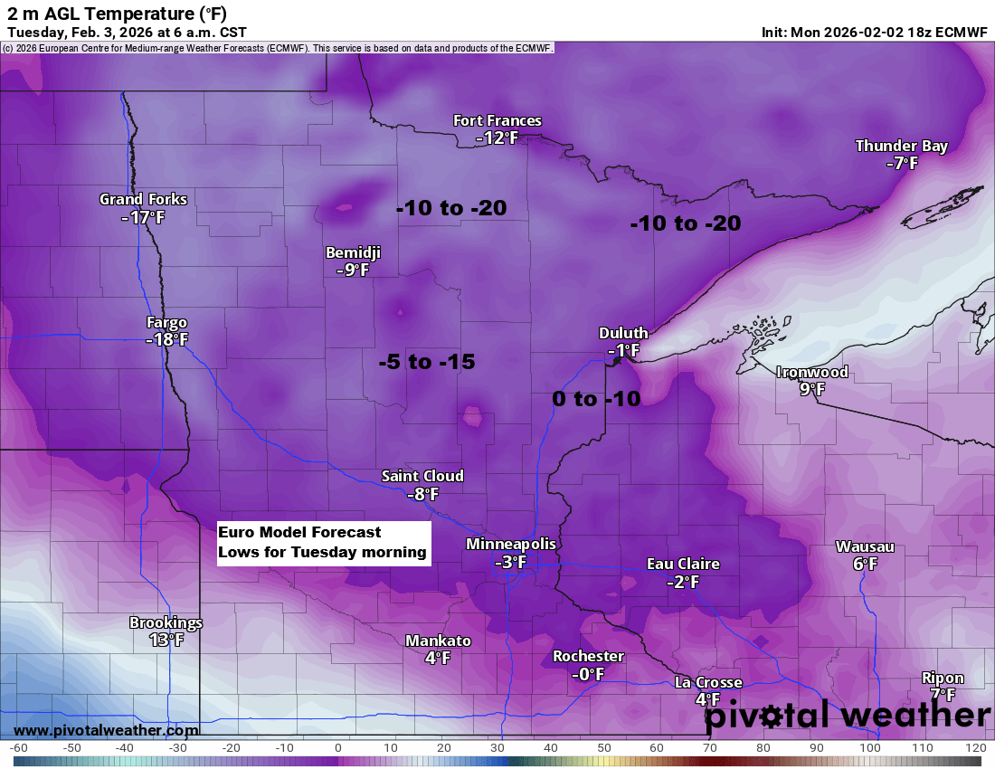 Temperatures will drop below zero tonight, but rise above freezing Thursday afternoon.