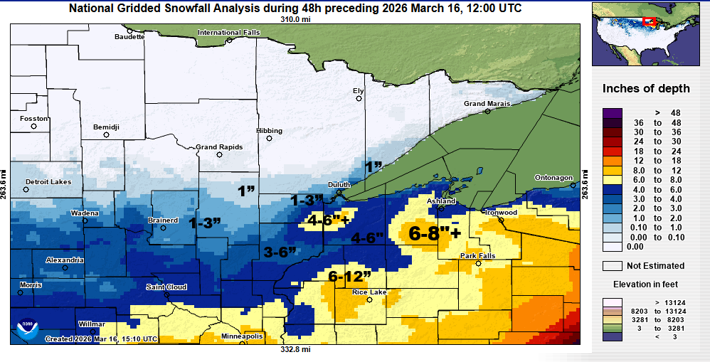 Snowfall totals for March 15 and 16, 2026